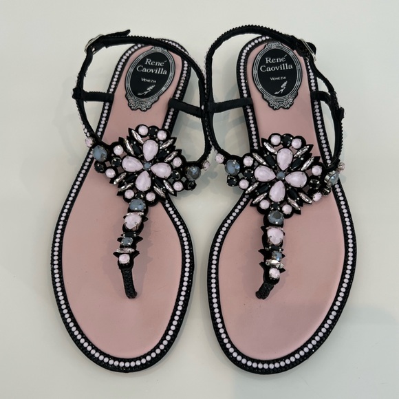 RENE CAOVILLA PINK BLACK EMBELLISHED SANDALS SIZE IT 38.5 / US 8.5 - Picture 5 of 17